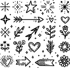 Sketch doodle cute star, emphasis, flower element. Cute line sketch star, arrow, heart decoration element icon set. Pen line text decoration shape icon. Vector illustration. EPS version.