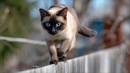 Siamese cat walking gracefully on a wooden fence with bright blue eyes.