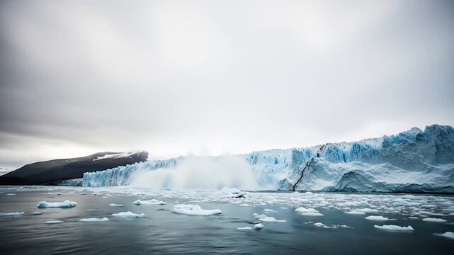Glacier Calving in Patagonia: Ice Breaking and Floating Icebergs on Grey Day