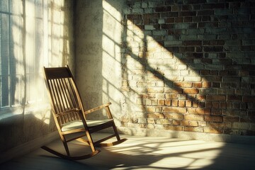A rustic wooden rocking chair sits in a sunlit room with a brick wall, evoking feelings of peace and tranquility.