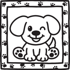  A black and white line art illustration of a cheerful dog with large, floppy ears and a wide, happy grin, depicted in a simplified, cartoon style perfect for young children.