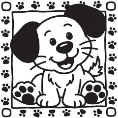  A black and white line art illustration of a cheerful dog with large, floppy ears and a wide, happy grin, depicted in a simplified, cartoon style perfect for young children.