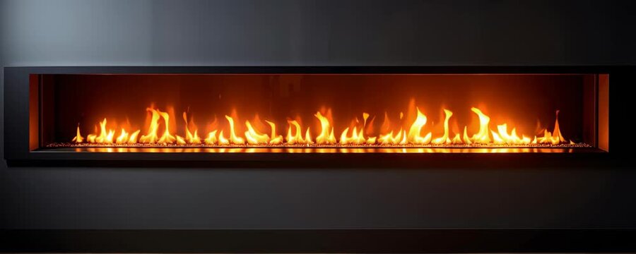Modern linear fireplace with bright orange flame burning inside sleek black frame creating warm cozy atmosphere and modern interior heating fire