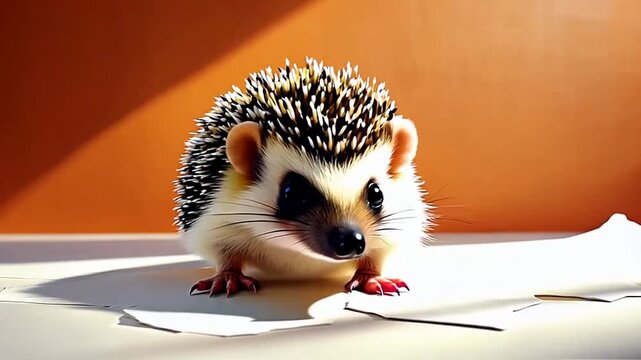 Closeup of a cute young hedgehog exploring on a white surface with warm background and soft lighting