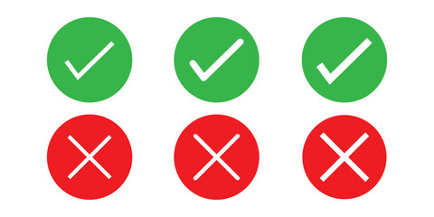 Set of tick mark in green and cross mark in red colour and stroke with white background, check and cross mark icon set. checkmark and x mark icon use for apps and website. checkmark, icon, vector.