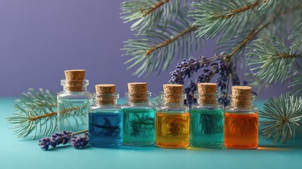 Colorful Essential Oil Bottles with Lavender and Pine Branches on Teal Surface