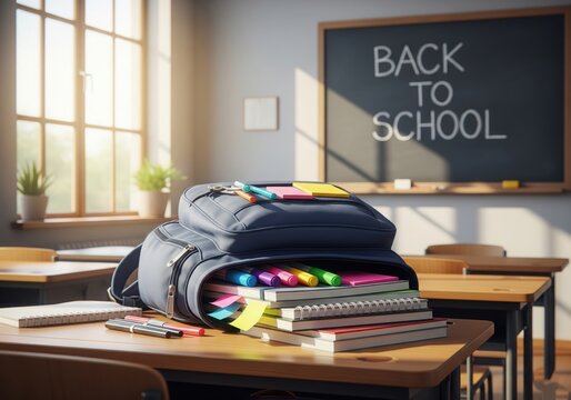 Back to school concept, A green chalkboard with the words back to school written on it, school office supplies A backpack is on the right side of the board.