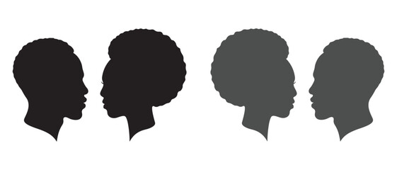 Male and Female Silhouette Pair Set. Black & Gray Couple Icons Facing Each Other.