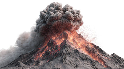 Volcanic eruption spewing ash and lava with intense heat and smoke isolated on transparent background
