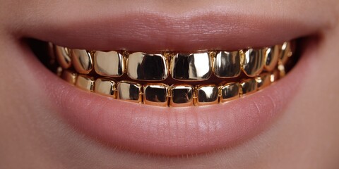 Close-up of gold grills on teeth, teeth smiling, mouth smiling with golden tooth grillz.