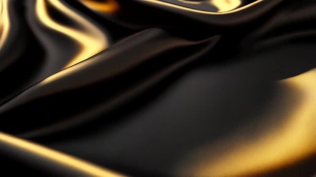Closeup of Smooth Black Satin Fabric with Gold Highlights Moving Gently in Soft Light
