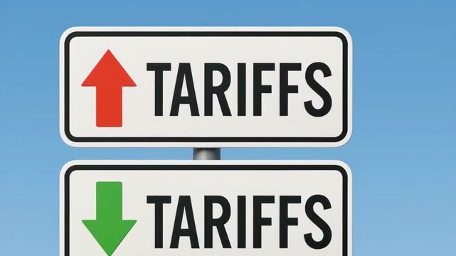 Tax impact trade. Tariff signs with red upward arrow and green downward arrow white road signs against clear blue sky showing economic increase