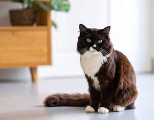 Black and white cat sitting on light floor