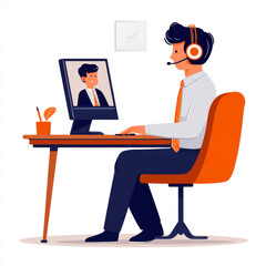 Cartoon man with headset working remotely on laptop at home