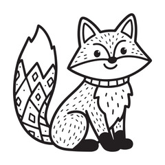  A black and white line art illustration of a cheerful fox sitting in a relaxed pose with a large, bushy tail curled around its body and bright, expressive eyes.