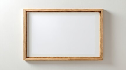 Photorealistic empty wooden picture frame in natural oak tone centered on pure white wall with soft natural lighting and shadow, minimalist mockup style, ideal for artwork display and design presentat