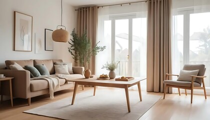 Modern Minimalist Living Room with Wooden Coffee Table, Wide Window and Brown Curtains, Cozy Ambience