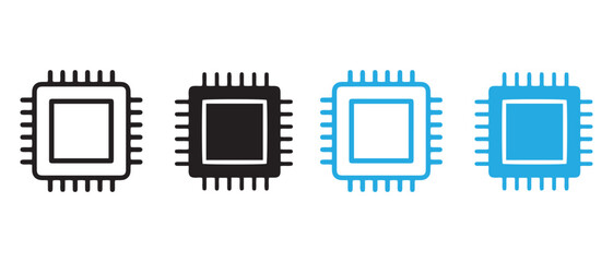 Microchip Icon Set. Modern Tech-Inspired Circuit Symbols in Black, White, and Blue Variations.
