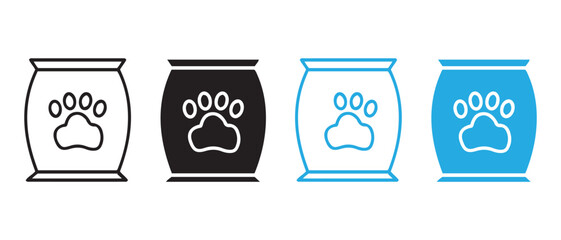 Pet Food Packaging Variations. Black & Blue Paw Print Icons for Branding and Label Design.