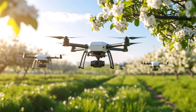 Drones Flying Over Orchard in Springtime with Blossoming Trees