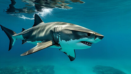 Obraz premium Great White Shark Swimming in Clear Blue Ocean Water Underwater Marine Wildlife Photography