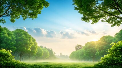 Sunlight filters through lush green trees illuminating a misty forest path on a clear summer morning