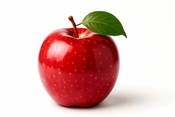 A single vibrant red apple with a shiny speckled skin brown stem and one fresh green leaf.