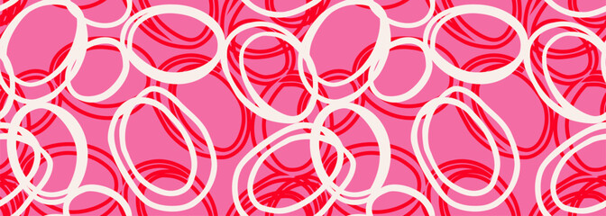 Dynamic abstract vector pattern featuring overlapping hand drawn circle shapes in red and white on an bright pink background. Bold, modern, and artistic design, ideal for textiles, wallpapers