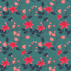 Seamless vector floral pattern with vibrant red blossoms on a green background. Elegant botanical design with delicate flowers and leaves, ideal for textiles, wallpapers, fashion, and decor