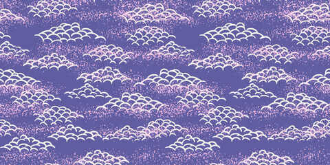 Seamless vector pattern with stylized hand drawn clouds in an Asian inspired design. White and pink curved line clouds on a violet background with a subtle textured effect. Ideal for textiles