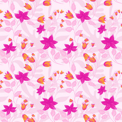 Seamless vector floral pattern with vibrant pink blossoms on a light background. Elegant botanical design with delicate flowers and leaves, ideal for textiles, wallpapers, fashion, decor