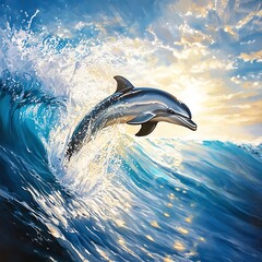 Fototapeta premium Morning waves splash around dolphin breaking water surface high resolution picture