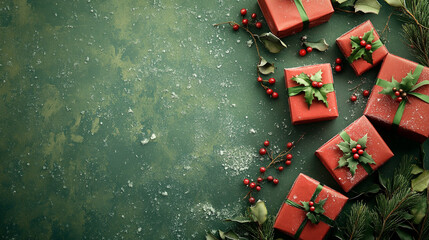 Festive red gifts on green background winter holiday presents holly berries snowy backdrop