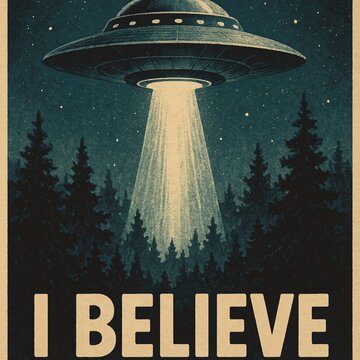 I Believe &ndash; Classic Flying Saucer Over Forest Retro UFO Poster Design