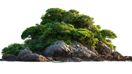 Rocky island covered in dense green trees and foliage surrounded by water isolated on transparent background