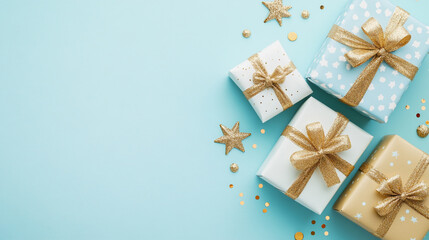 Festive gifts gold bows blue background stars confetti celebration