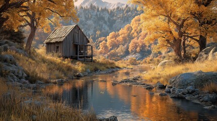 Autumn Forest Landscape with Small Wooden Cabin by River in Golden Fall Colors