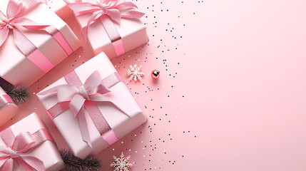 Pink gift boxes with pink ribbons and festive sprinkles on a pink background