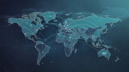 Global network map with interconnected continents symbolizing worldwide communication
