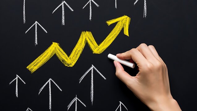 Yellow zigzag arrow drawn on blackboard with white upward arrows chalk drawing