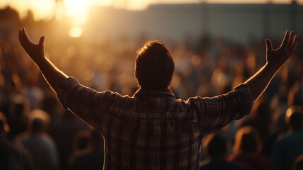 Silhouette of a man with his arms raised in the air, standing before a crowd, bathed in golden light 