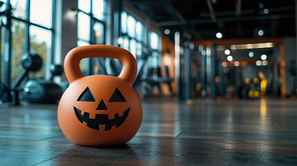 Orange kettlebell with Halloween pumpkin pattern stands on the floor of modern gym - original concept of fitness and autumn holiday