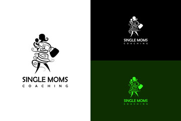 woman walking with carrying a baby and a bag vector illustration, logo for happy family, single parent, single mother coach, independent mom coach, parenting, single moms coaching, and more