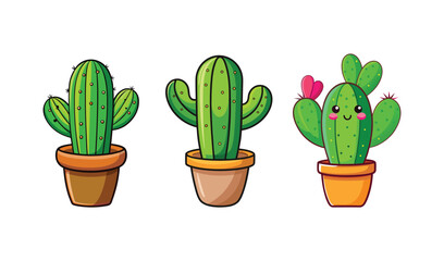 Three adorable cartoon cacti in pots with cute faces