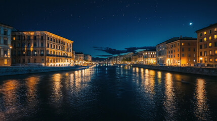 Obraz premium Small river in the city near beautiful architectural buildings and pleasant lighting on a summer evening