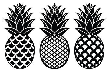 Obraz premium Three pineapple illustrations in black and white with different patterns