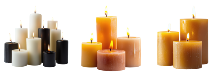 Set of burning candles isolated on transparent background PNG