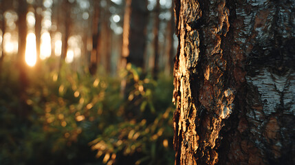 Warm sunlight illuminating tree bark in beautiful forest