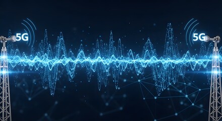 Dynamic 5G network towers transmitting data waves, representing fast mobile technology