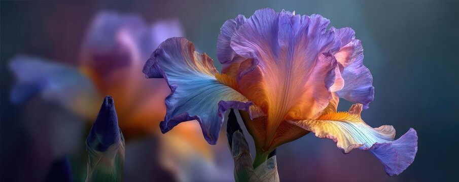 Iris fade with mood and movement concept. Beautiful close-up of a vibrant iris flower showcasing intricate colors.